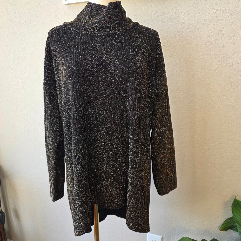 Karen Kane 2X Black Gold Metallic Sparkle‎ Knit Tunic Cowl Neck Sweater Holiday